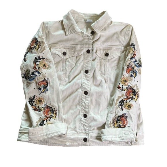 Chico's Women's Size 2  12 White Floral Embroidered Cotton Denim Button Jacket - Picture 3 of 6